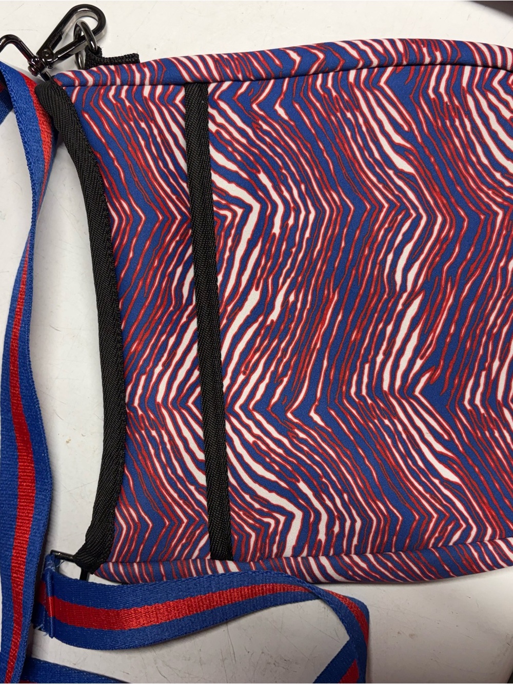Blue & Red Patterned Crossbody Bag with Striped Strap